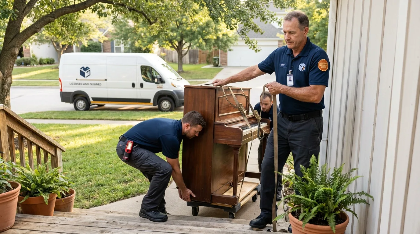 Licensed piano movers securing grand piano in Molalla, OR