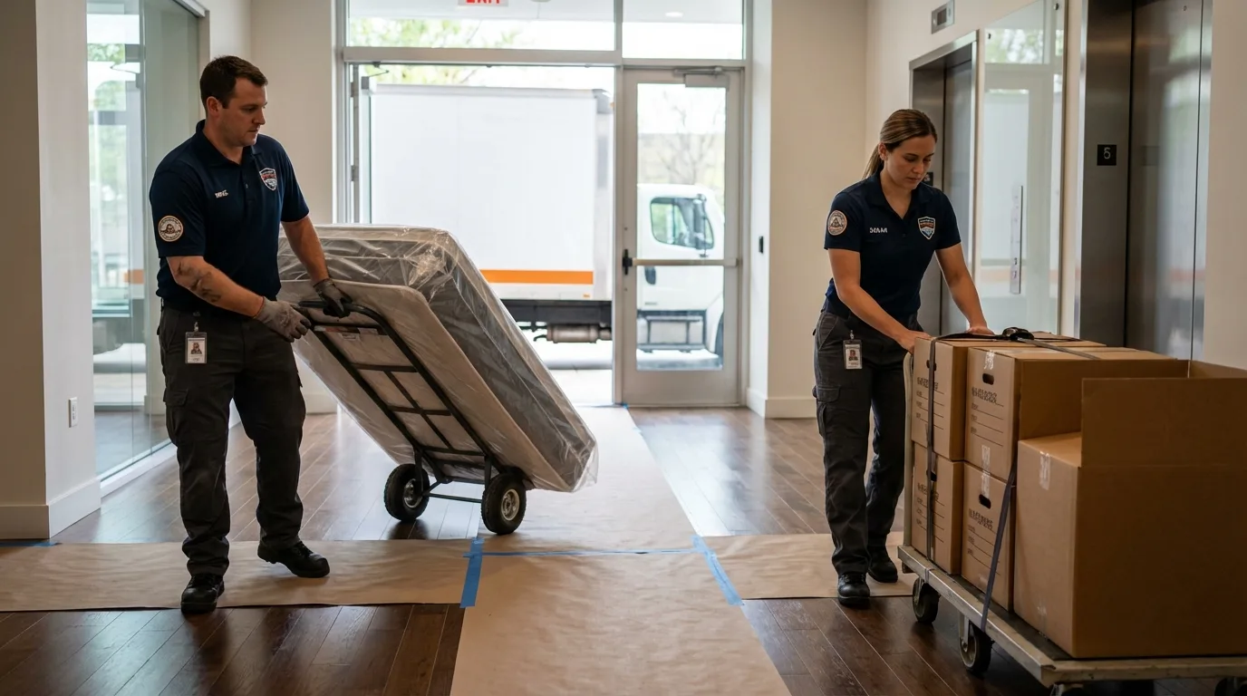 Professional apartment movers loading elevator in Molalla, OR